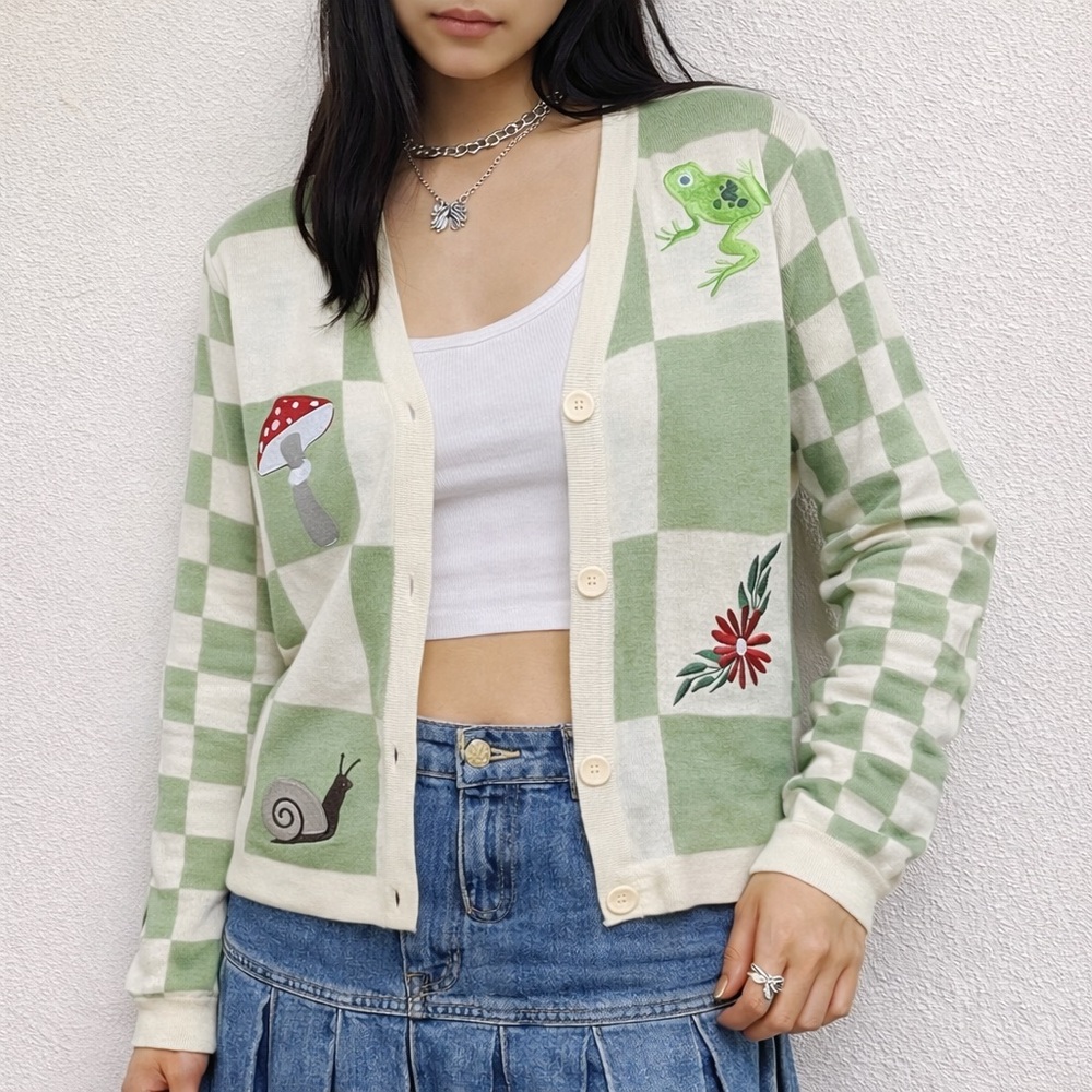 Thorn & Fable Checkered Frog & Mushroom Embroidered Cardigan โ Size M